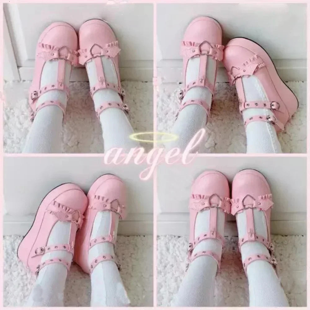 Sweet Heart Buckle Wedges Mary Janes Women Pink TStrap Chunky Platform Lolita Shoes Woman Punk Gothic Cosplay 43 260313