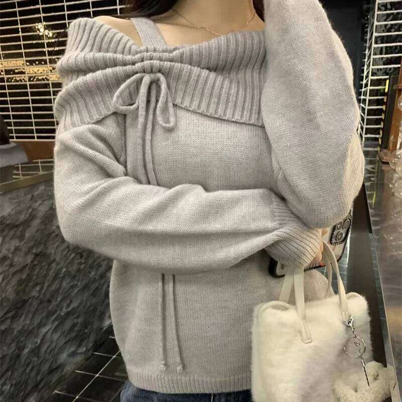 Deeptown Korean Style Coquette Knitwear Pullovers Women Sweet Slash Neck Long Sleeve Sweaters Autumn Winter 2000s Grey Jumper Z260313