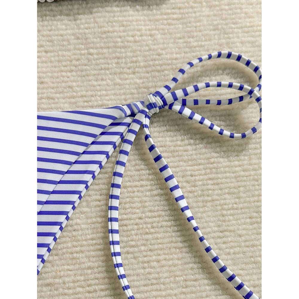 Women's Set, Sexy Blue and White Striped Print Halter Neck Tie-Up Triangle Top with String Bikini Bottoms, Beach Two-Piece Swimsuit 26H0313