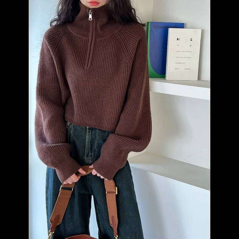 Half Zipper Turtleneck Long Sleeve High Waist Sweater for Women Spring Autumn Short Fashion Style Maillard Color Top Z260314
