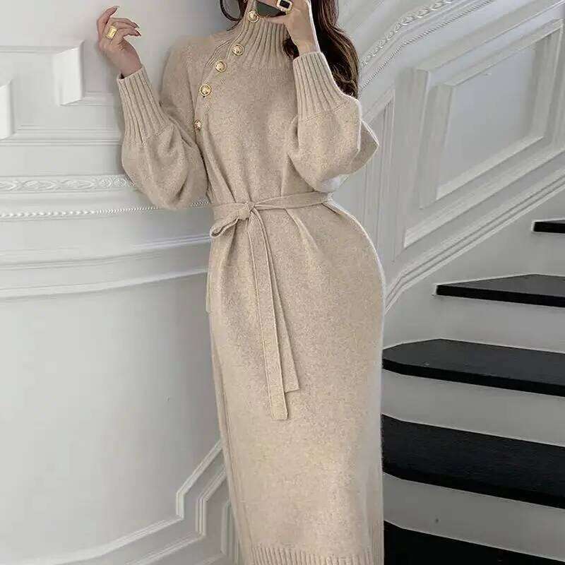 Vintage Chic Dresses Autumn Winter Women Solid Turtleneck Button Bandage Fashion Long Sleeve Loose Loog Straight Knitted Dress Z260314