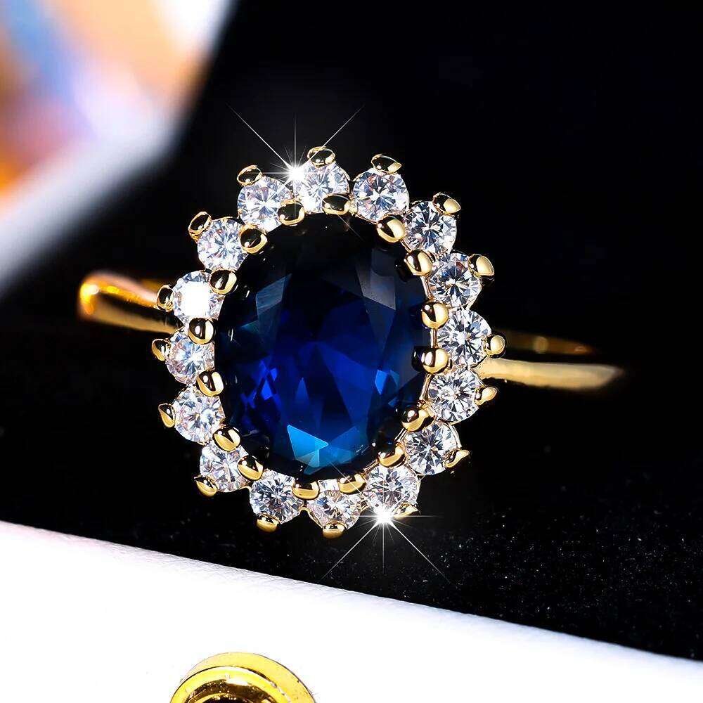 Luxury Female Crystal Blue Oval Zircon Stone Engagement Ring Vintage Yellow Gold Color Wedding Jewelry For Women H260312
