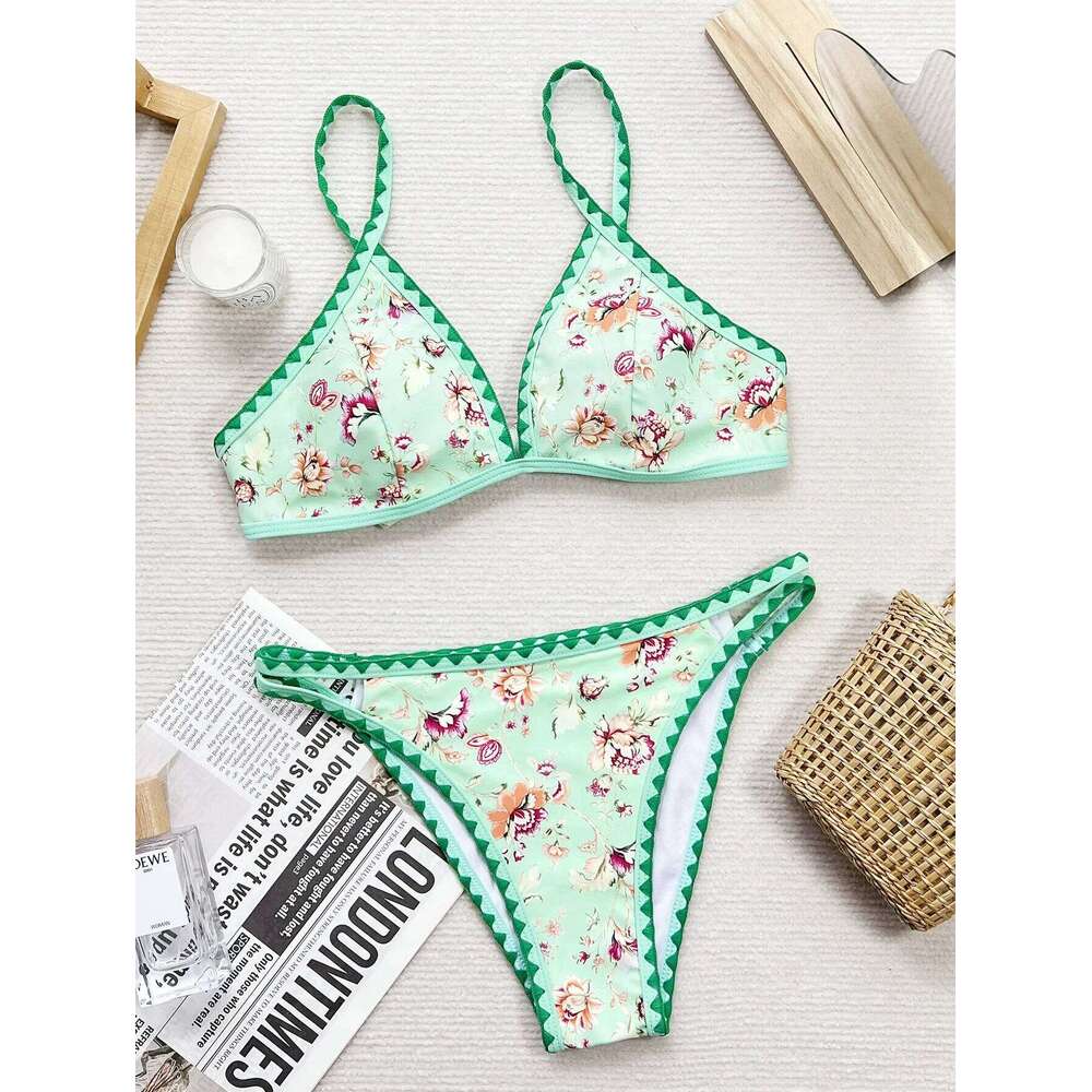 sexy green floral print bikinis sets two pieces back tie swimwear bohemian swimsuit women biquini thong bikini set bathing suits Y260303