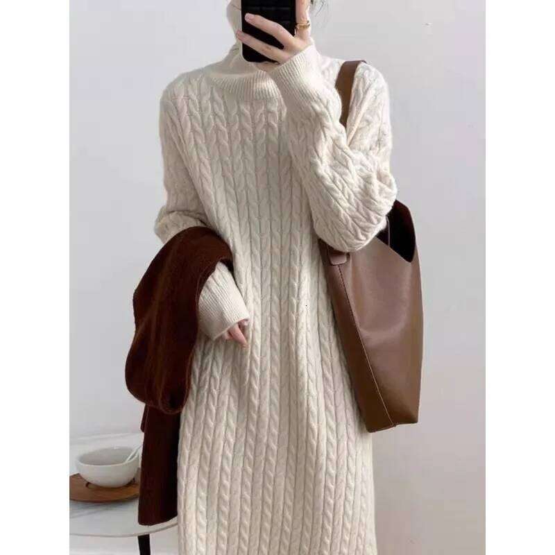 Korean High-neck Twist New Lazy Style Autumn Winter Loose Bottoming Long Knitted Dress Z260313