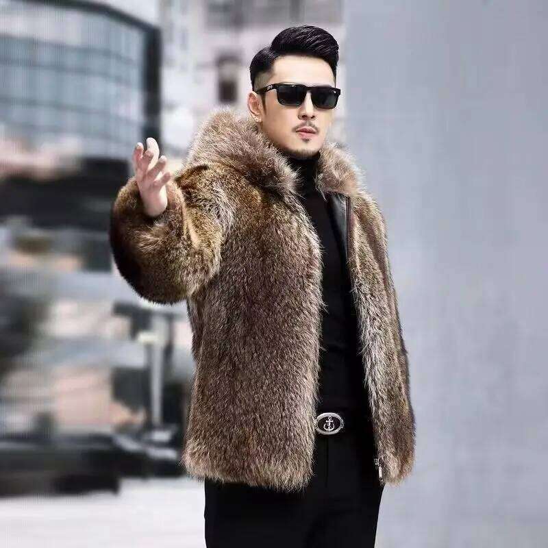 Men Autumn Winter Raccoon Light Luxury Hooded Fur Fashion Thickened Business Casual Coat Comfortable Warm Soft Z260313