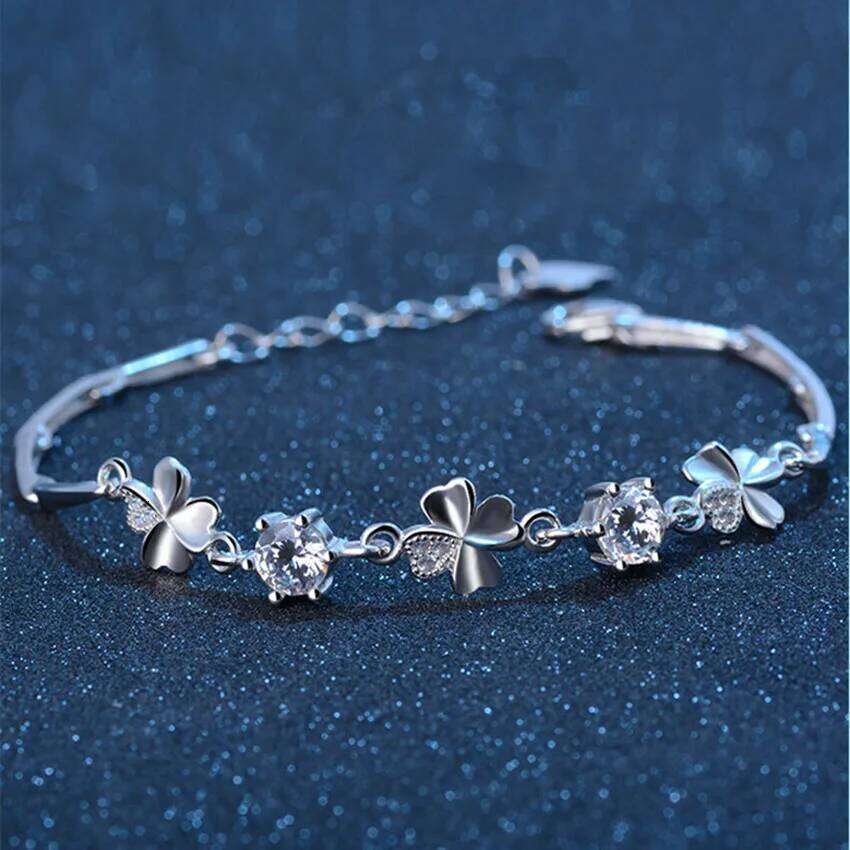 925 Sterling Silver Zircon Lucky Clover Shaped Bracelet Crystals Chain for Women Valentines Gift Wedding Party Cute Jewelry 20cm Z260313