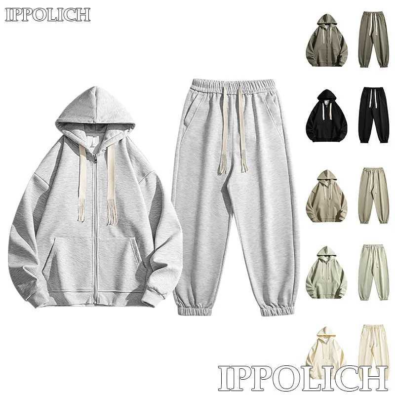 Couple Two Piece Set Running Fitness Casual Sport Men Women Solid Color Suit Hooded Zipper Jacket Pant Fashions Casual Sport Set M260313