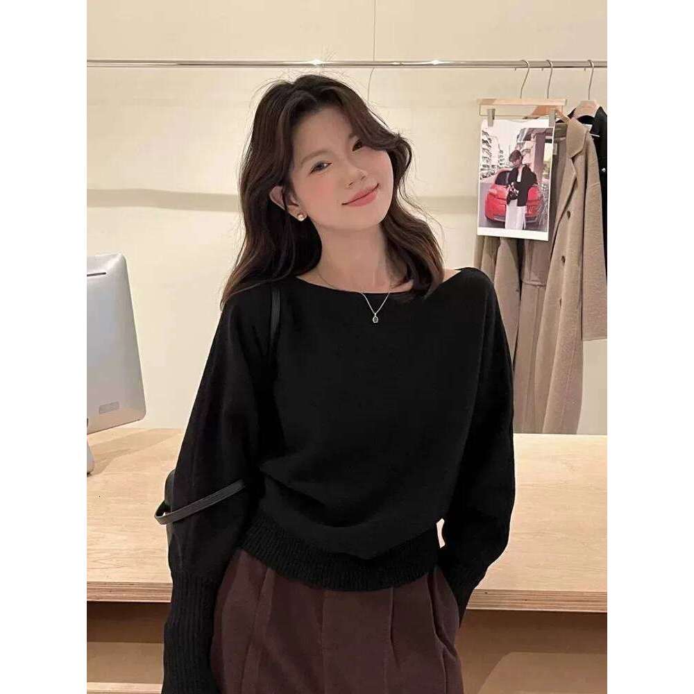 Fashion Black Long Sleeve Sweaters Knitted Pullovers Slash Neck Knit Sweater Pullover Women Tops Knitwears Q1476 Z260313