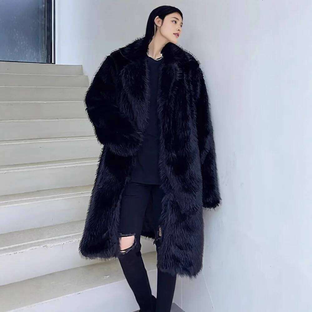 Men Faux Jacket Coat Fox Fur Solid Spliced Outerwear Winter Turn Down Collar Long Sleeve 2025 Overcoat High Street Loose Z260313