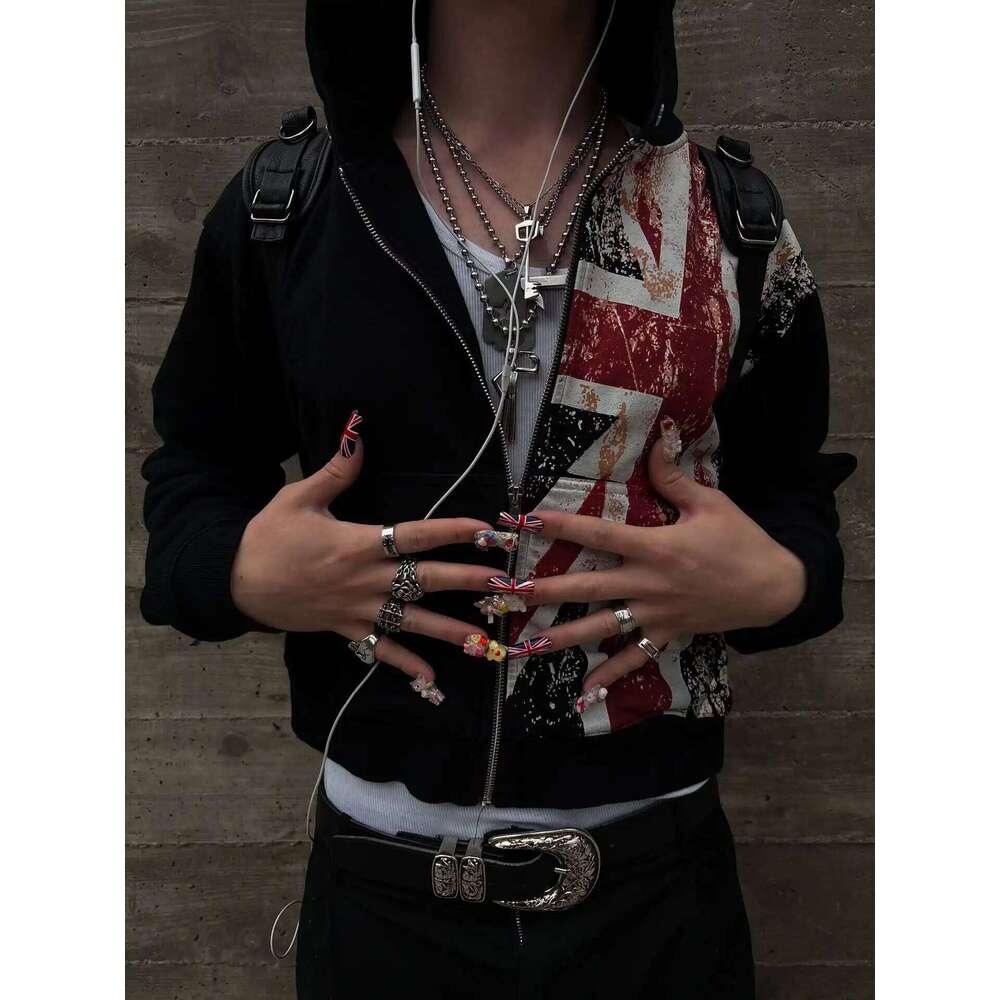 British flag printed cardigan hooded fashionable solid color oversized sweatshirt Y2K Harajuku Hip Hop Gothic casual clothes Z260315