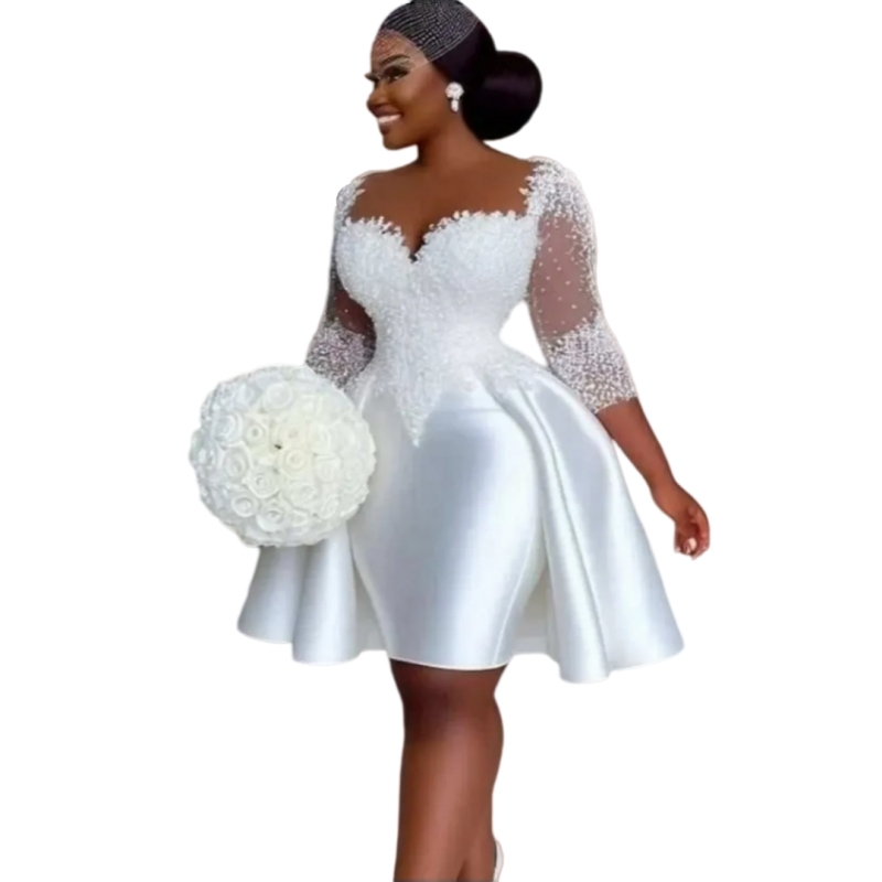 Classic Short Civil Wedding Dresses Beaded White Satin Bridal Gowns Three Quarter Sleeves Black Girls Garden Bride Dress