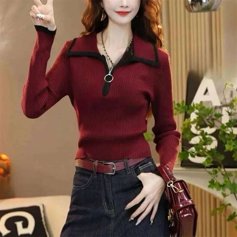 Zipper Lapel Sweater Women Autumn Winter Pullover 2026 New Color Blocked Long Sleeved Slim Knit Top Female Bottoming Shirt Z260313