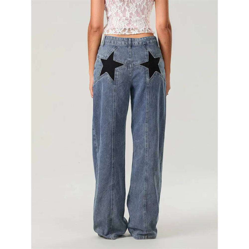 Women Fashion Jeans Star Pattern Loose Denim Spring Fall Casual Low Waist Trousers Wide Leg Pants Z260313
