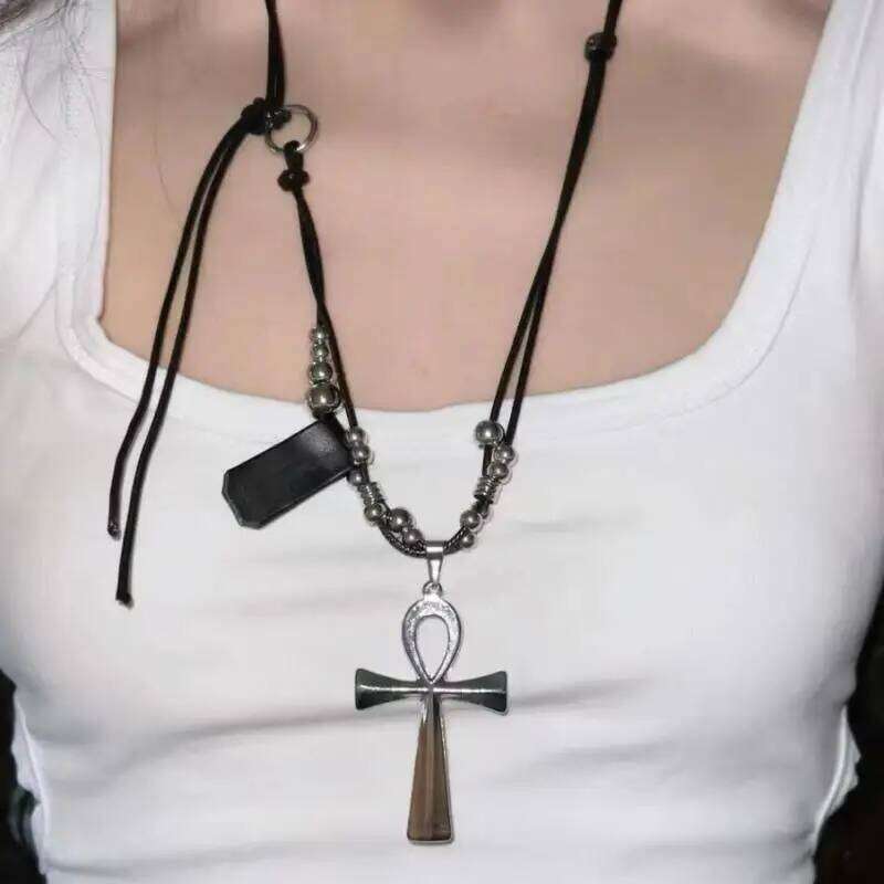 Women Punk Y2K Retro Metal Cross Pendant Necklace Girls Gothic Black Rope Long Sweater Chain Fashion Party Jewelry Gifts H260312