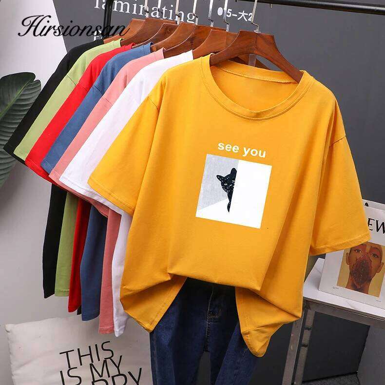 Hirsionsan Cartoon Printed Cotton Summer T Shirts Women Soft Kawaii Loose Tees Female Plus Size Short Sleeve Tops for Lady 2023 Z260314