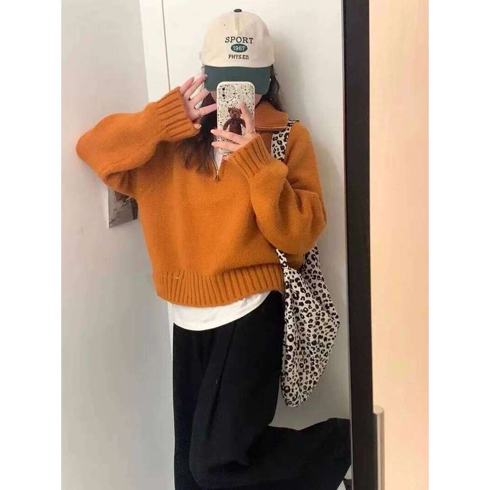 Women Half Zip Sweater Winter Autumn Long Sleeve Plain Knit Sailor-Collar Pullover Knitwear Teen-girl Basic Outfit Z260313