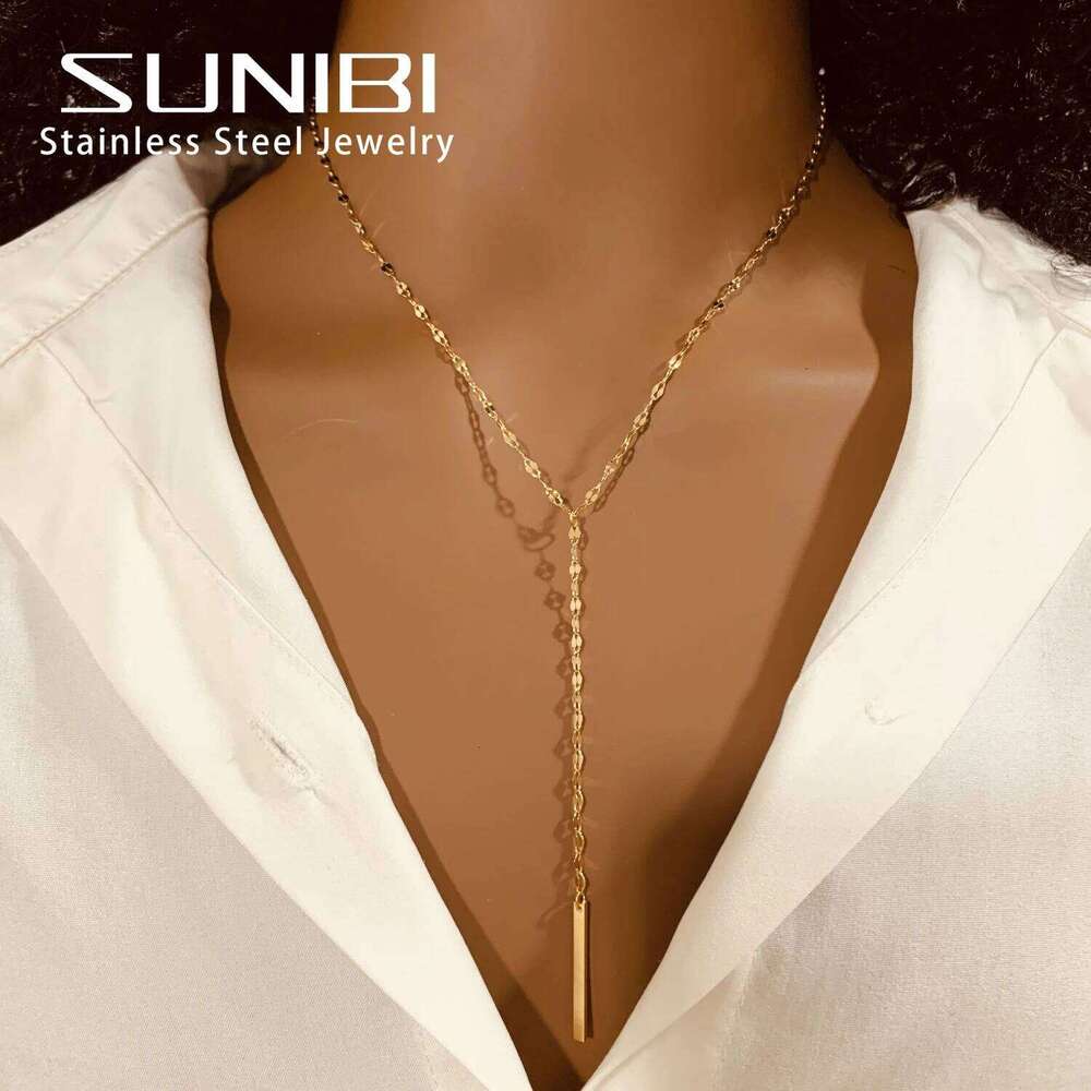 SUNIBI Vertical Bar Pendant Necklaces Stainless Steel Simple Long Lariat Chain Minimalist Dangle Necklace for Women Jewelry Gift H260312