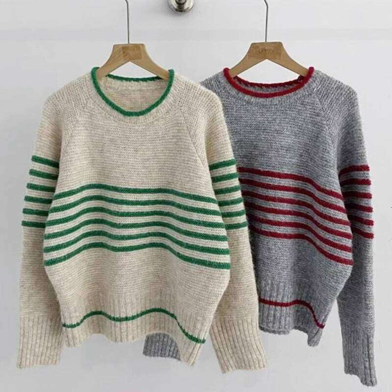 2026 Autumn Winter Warm Long Sleeve Tops Korean O-neck Striped Knitwear Sweater Women Retro Casual Versatile Pullovers Z260314