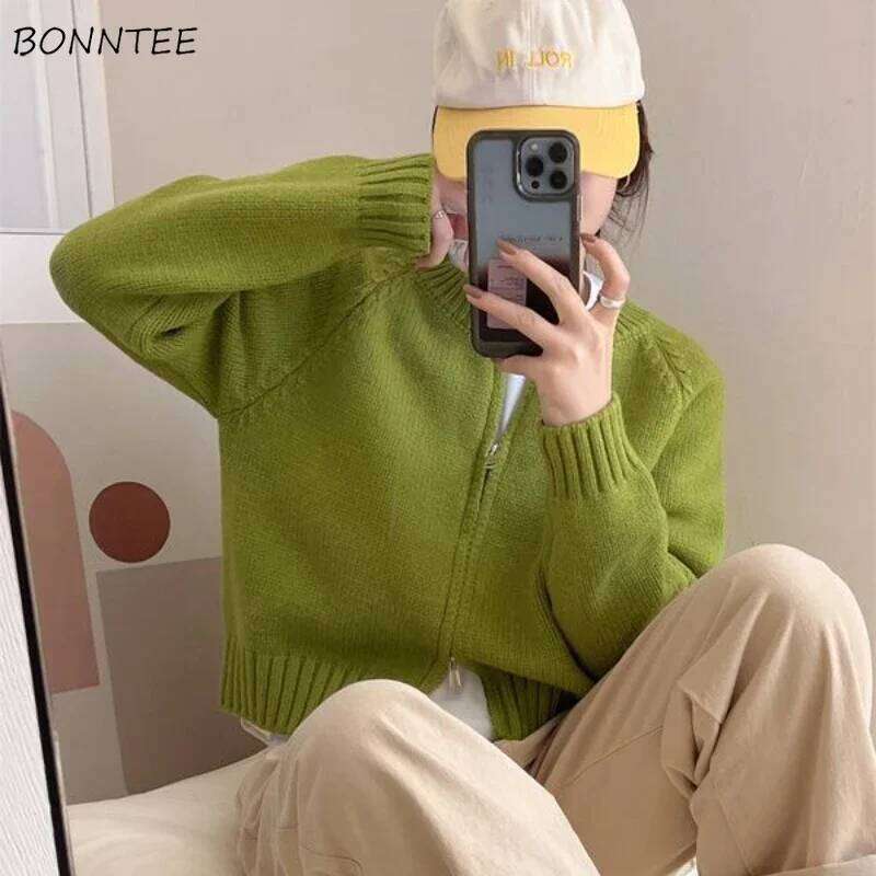 Zipper Cardigan Women Sweater O-neck Cropped Knitwear Cozy Autumn 7-Colors American Temper Minimalist Casual Z260313