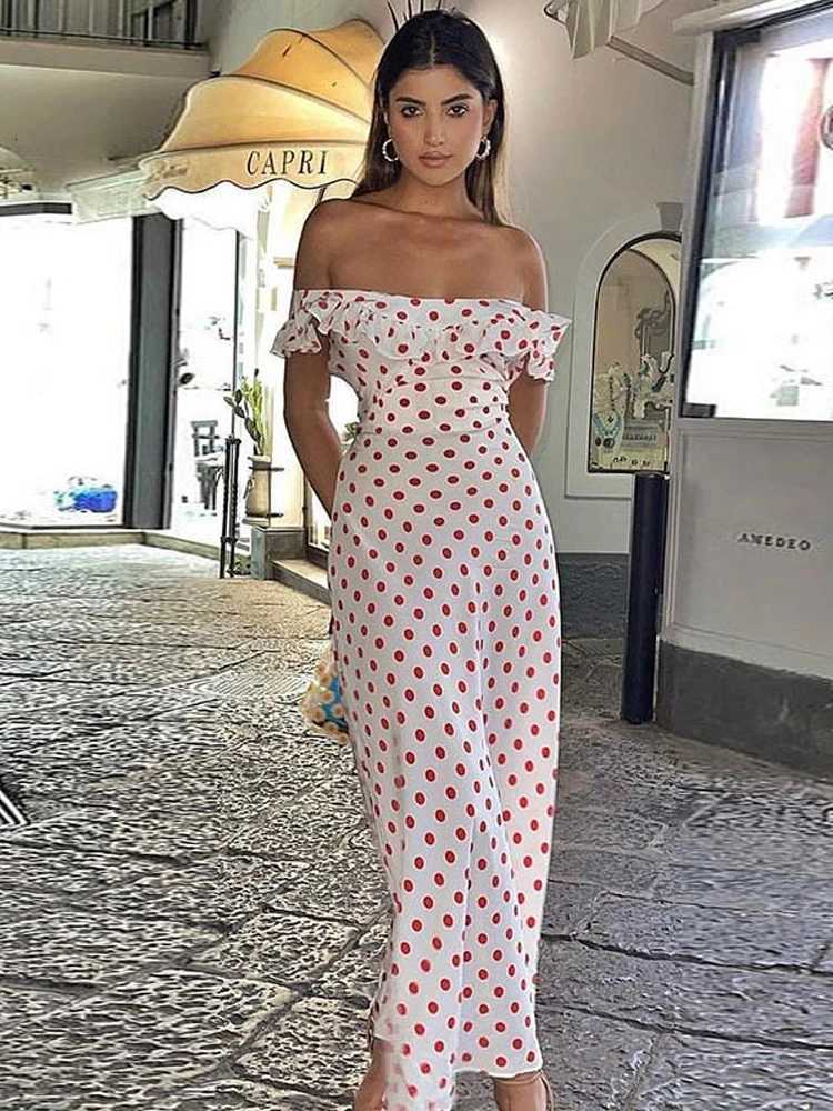 Sexy Off Shoulder Polka Dot Long Dress Women Vintage Sleeveless Waist-cinching Slim Party Dresses Female 2025 Summer Chic StreetT260314