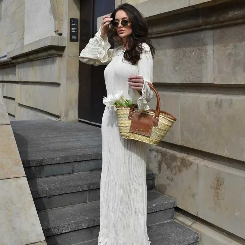 BWQ Flare Sleeve Round Neck White Maxi Dress Women Autumn Fashion Lace Up Elegant Long Dresses Female High Street Beach RobesT260314
