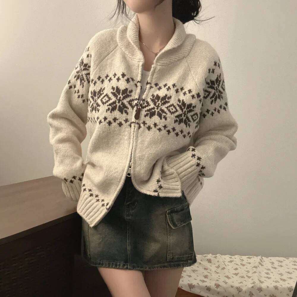 Korean Style Casual Knitted Jacquard Cardigan New Autumn Winter Women Fashion Elegant Long Sleeve Sweater Zipper Lapel Jacket Z260313