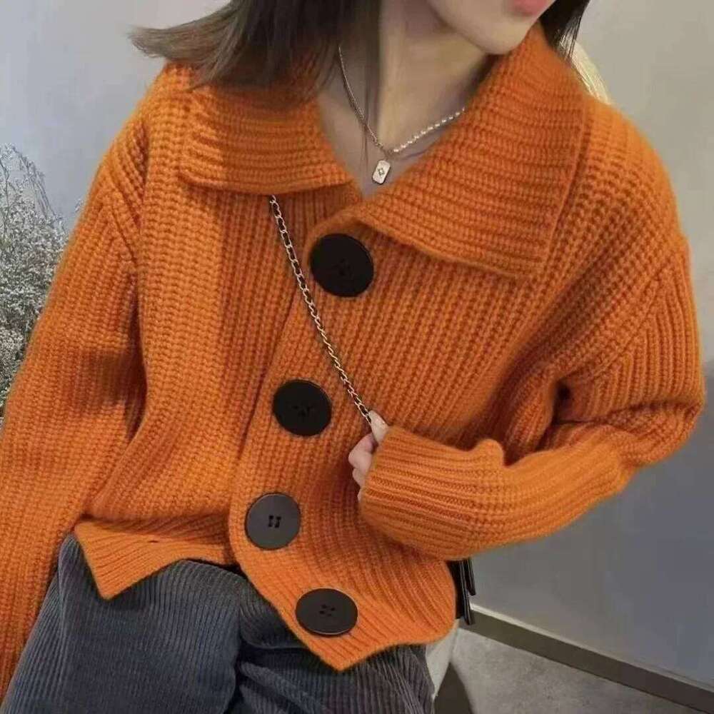 Thick needle cardigan polo lapel long sleeve sweater coat women's autumn and winter big buttons simple fashion top Z260313