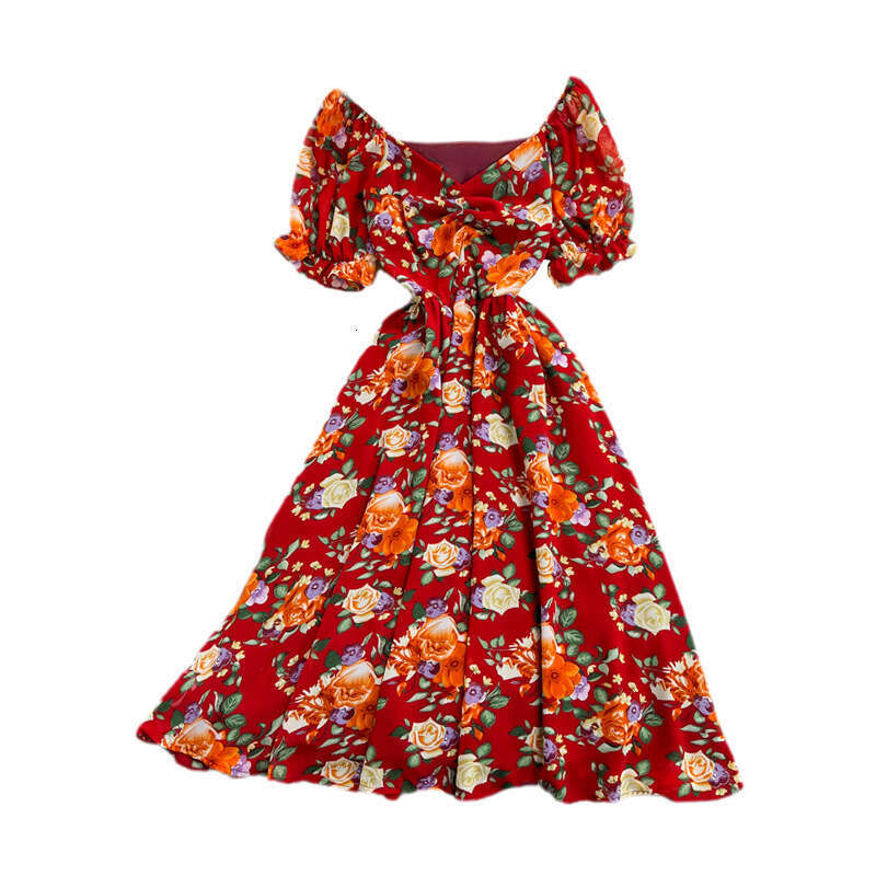 Summer new gentle and elegant mid waist V-neck floral chiffon dress, super fairy like first love orange tone