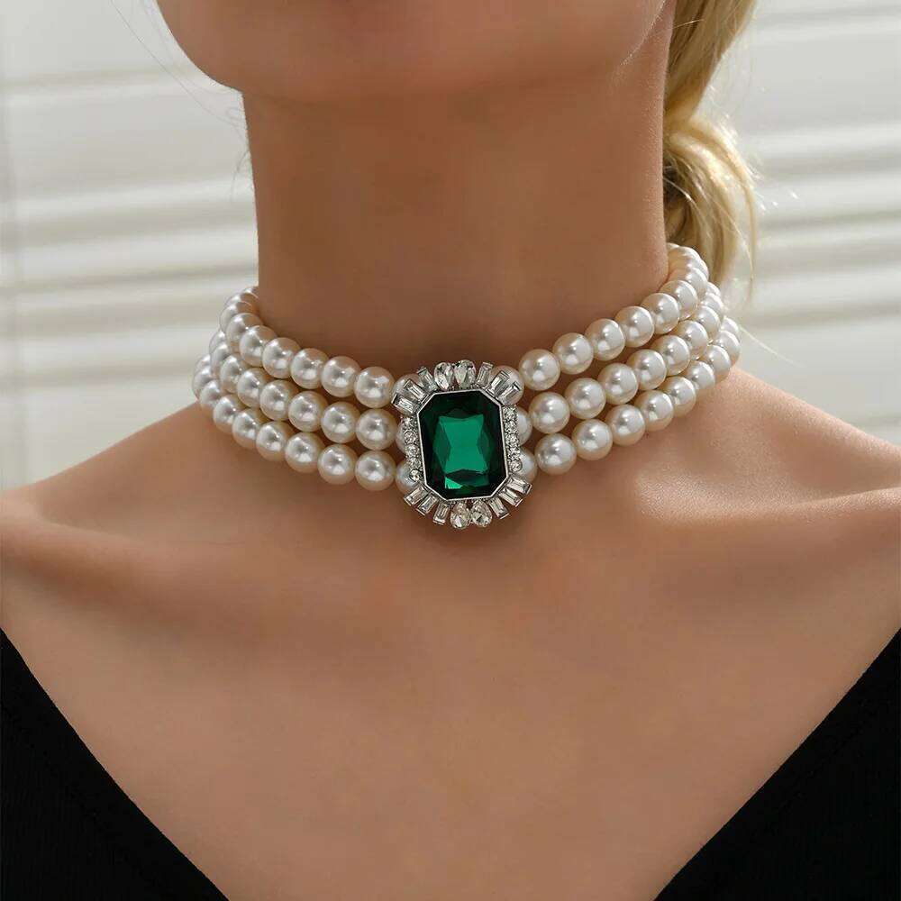 KMVEXO Multi Layered Simulated Pearl Green Crystal Choker Collar Statement Boho Clavicle Chain Necklace Women Jewelry H260312