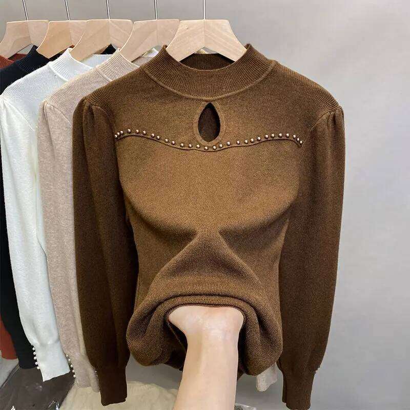 Oversized Half Height Collar Embroidered Flares Knitting Bottoming Shirt Sweater Ladies Office Lady Hollow Out Pullovers Top Tee Z260313