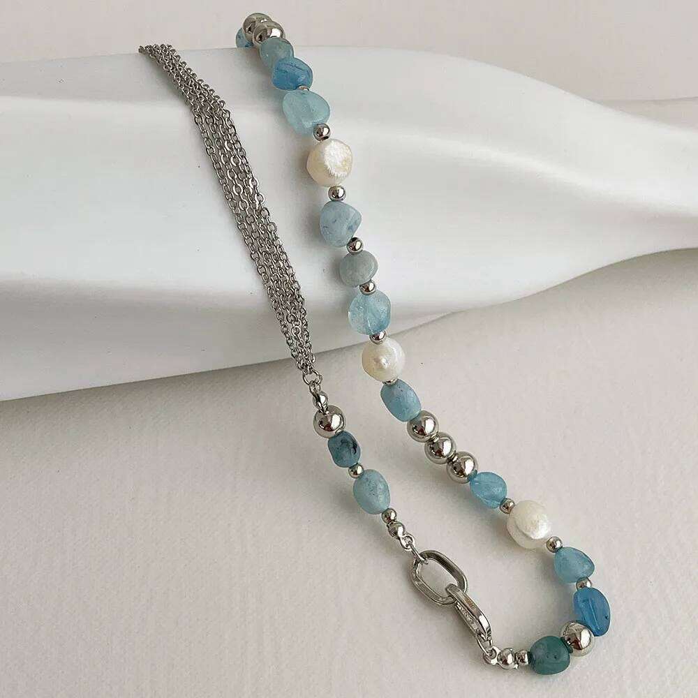kshmir Natural stone blue crystal necklace baroque natural freshwater pearl niche design feeling fresh clavicle chain women H260312
