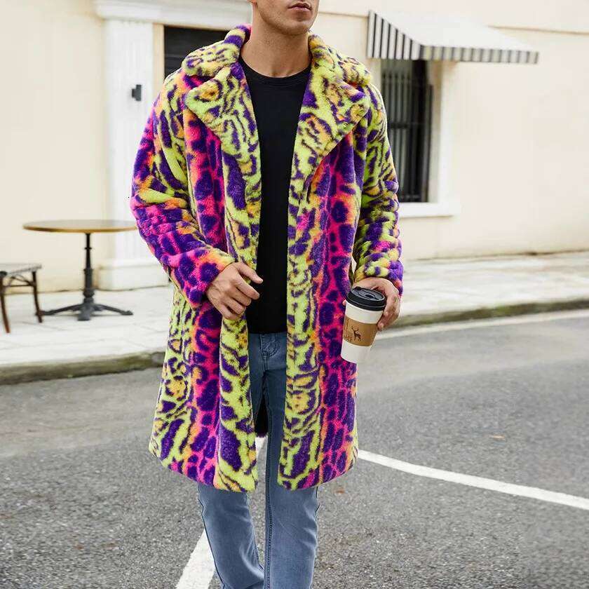 2025 Men Leopard Print Winter Jacket Cardigan Coat Warm Parkas Outwear Thick Faux Fur Plush Fleece Coats Multicolor Overcoat Z260313