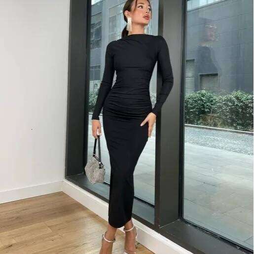 Sexy Bodycon Long Sleeve Midi Dress 2024 Autumn Slim Solid Party Package Hip Elegant Dresses For Women Robe Femme Z260314