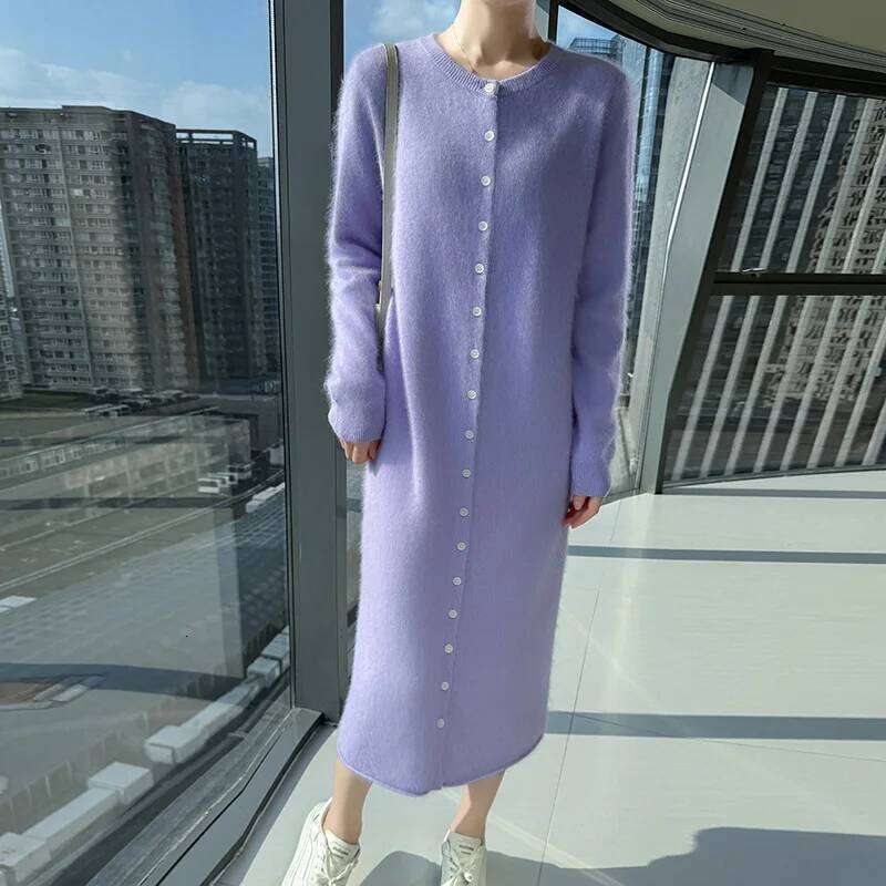 Fall/Winter 2025 Loose New Mink Cashmere Lapel Long Dress Knitted Plus Size Sweater Z260314
