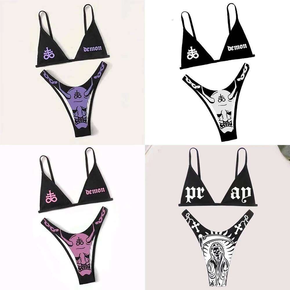 Sexy Gothic Bikini 2025 Women Demon Print Bra Thong Swimsuit Split Bathing Suit Underwear Y2K Bikinis Punk Swimwear Y260303