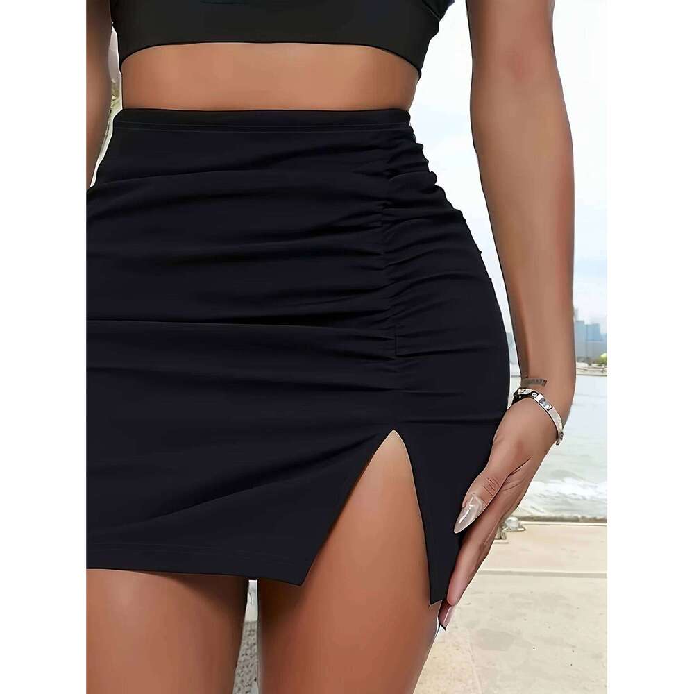 Chic Elegant High Waist Skirt for All Seasons Comfortable Knit, Ruched Split Hem Durable & Easy-Care Z260314