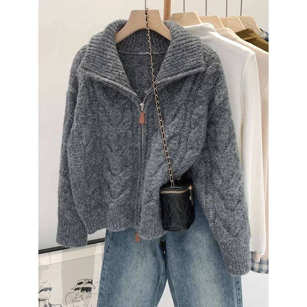 Autumn Winter New Lazy Style Knitted Women Cardigan Retro Solid Double Zipper Turn-down Collar Sweater Thicken Loose Tops Z260313