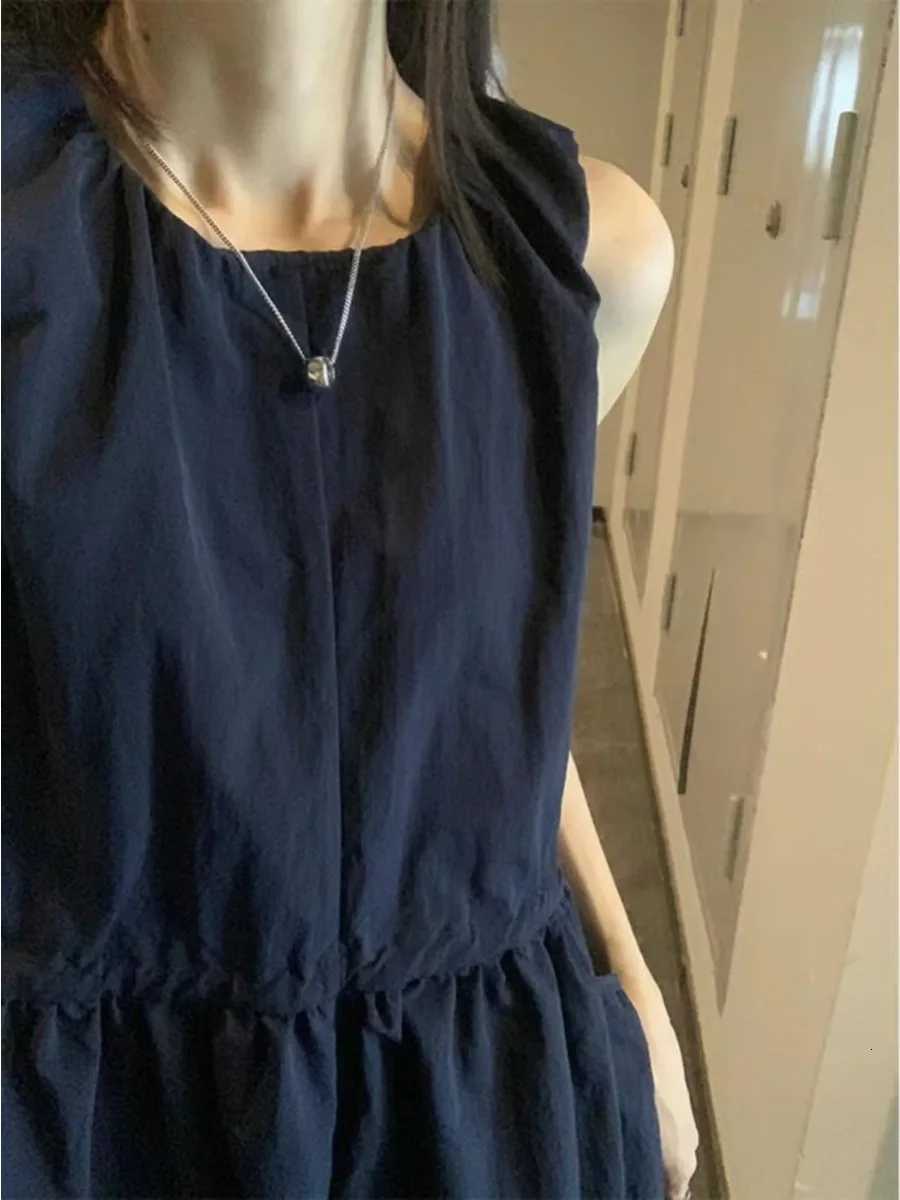 Loose Casual Womens Dr Summer 2026 New Korean Sle Dstring Waistl Svel Vest Skirt A-Line Midi round NeT260314