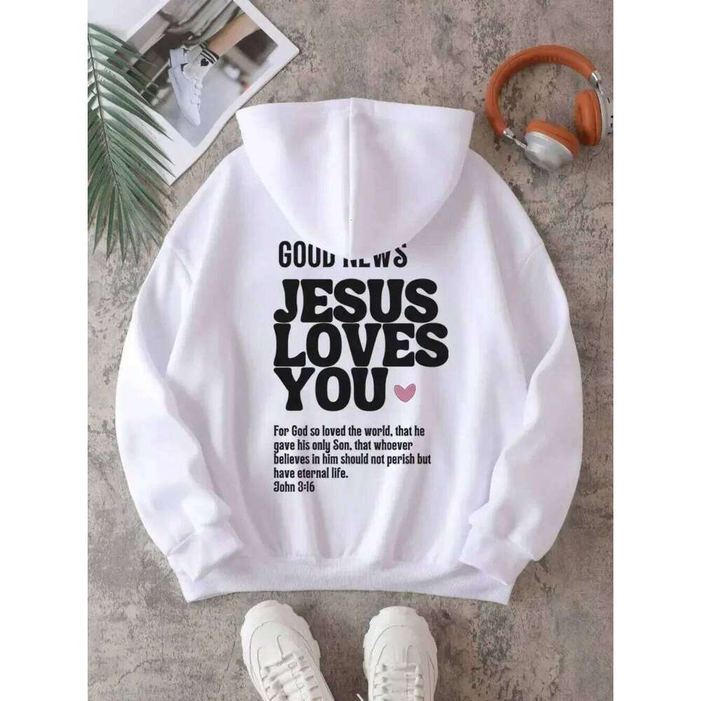 A new Christian-style casual pure cotton hooded sweatshirt with the theme of Jesus loving you, featuring redemption and love 26Y0313
