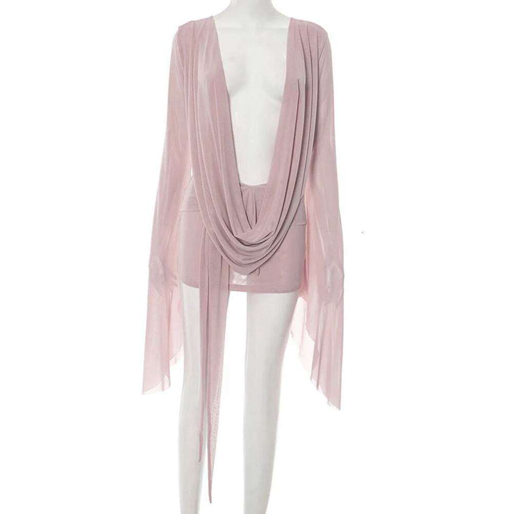 Beyprern Elegant Flare Sleeve V Neck Ruched Sheer Mesh Short Pink Holiday Outfits Beach Cover-Up Dress Night Out Vestidos