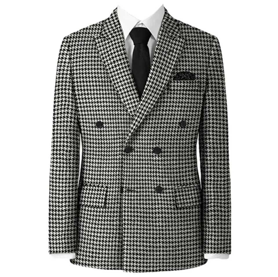 Plaid Blazer 2024 for Men 1 PCS Suit Jacket with Side Slit Slim Fit Houndstooth Checked Casual Coat 2024 WeddingOnly Coat M260313