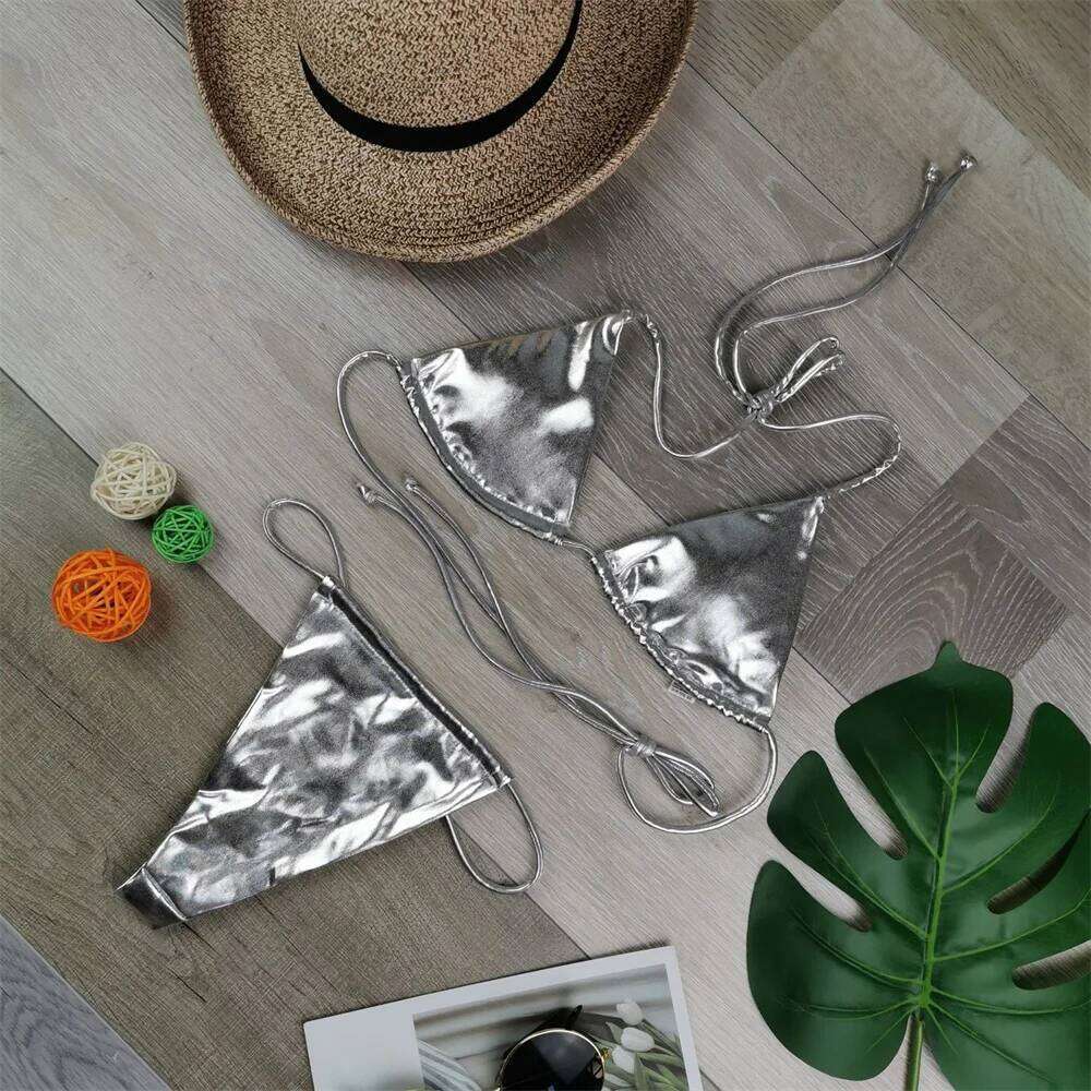Sexy String Bikini Triangle Swimsuit Goth Silver Y2K Swimwear Women Backless Bathing Suit Micro Extreme Tanga mujer Beach Outfit Y260303