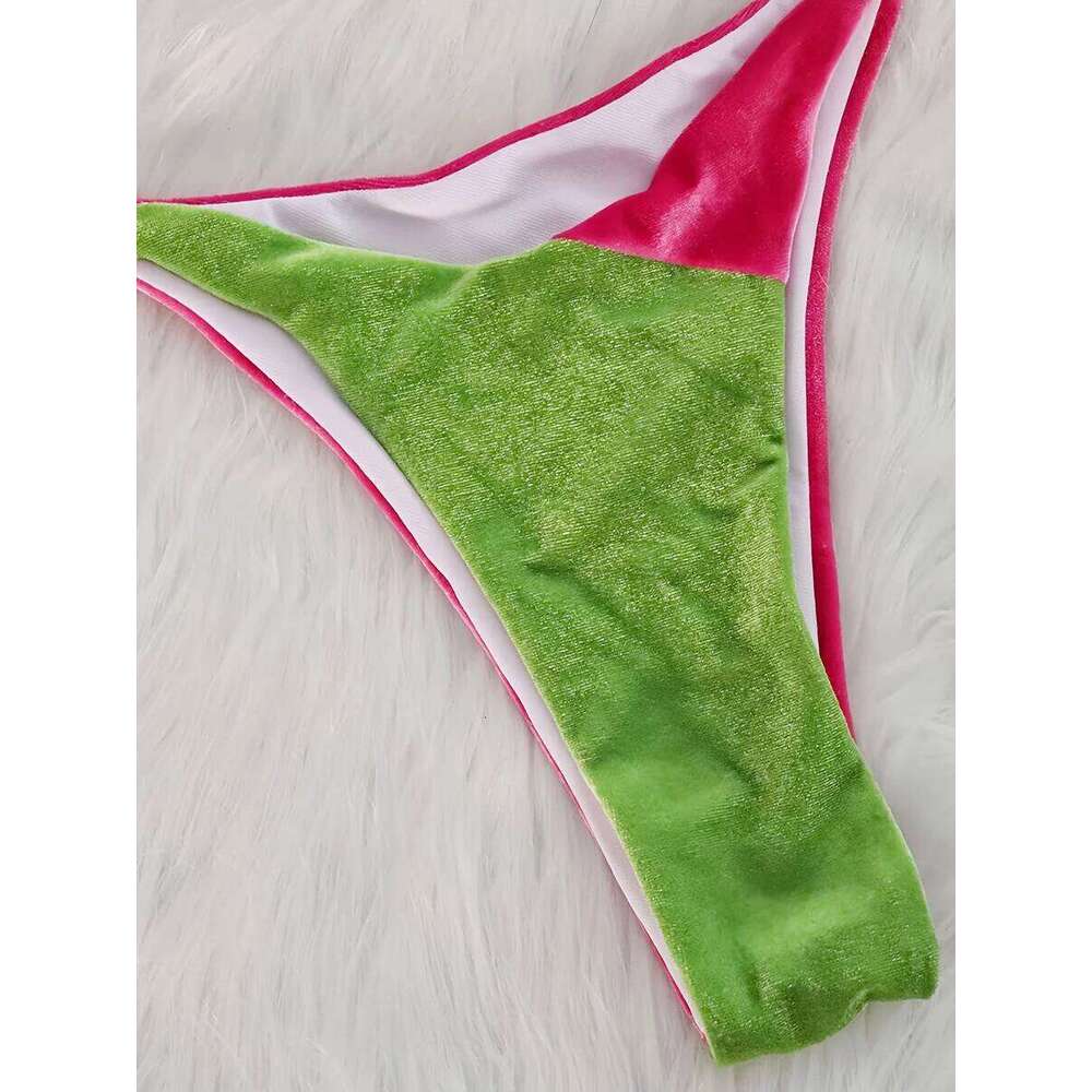 2025 Splicing Halter Velvet Female Swimsuit Women Brazilian Swimwear Two-pieces Bikini Set High Cut Bathing Suit Swim Y260303
