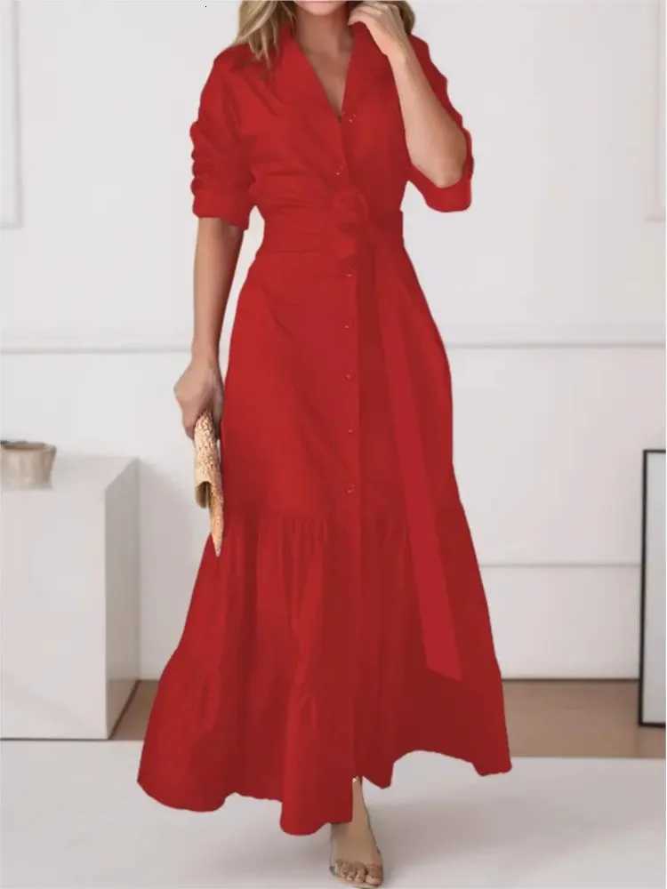 Elegant Womens Dress Summer Fashion Solid Color Long-sleeved Shirt Dress Boho Style Waist Lace-up Maxi Dresses Femme VestidosT260314