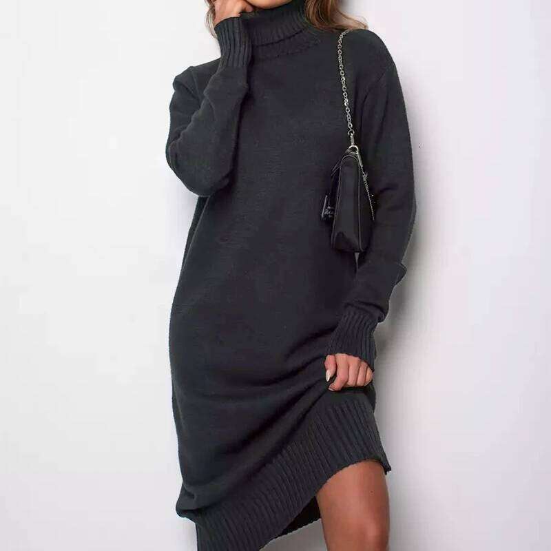 Ribbed Turtleneck Knitted Women Autumn Winter Basic Sleeve Sweater Dress Woman Solid Color Long Dresses Female Z260313