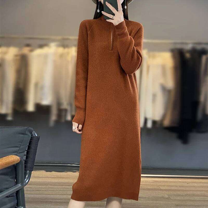 Thick Zipper Mock Neck Chic Elegant Soft Warm Striped Basic Comfort Women's One-piece Dress 100% Merino Wool Exquisite Sweater Z260314