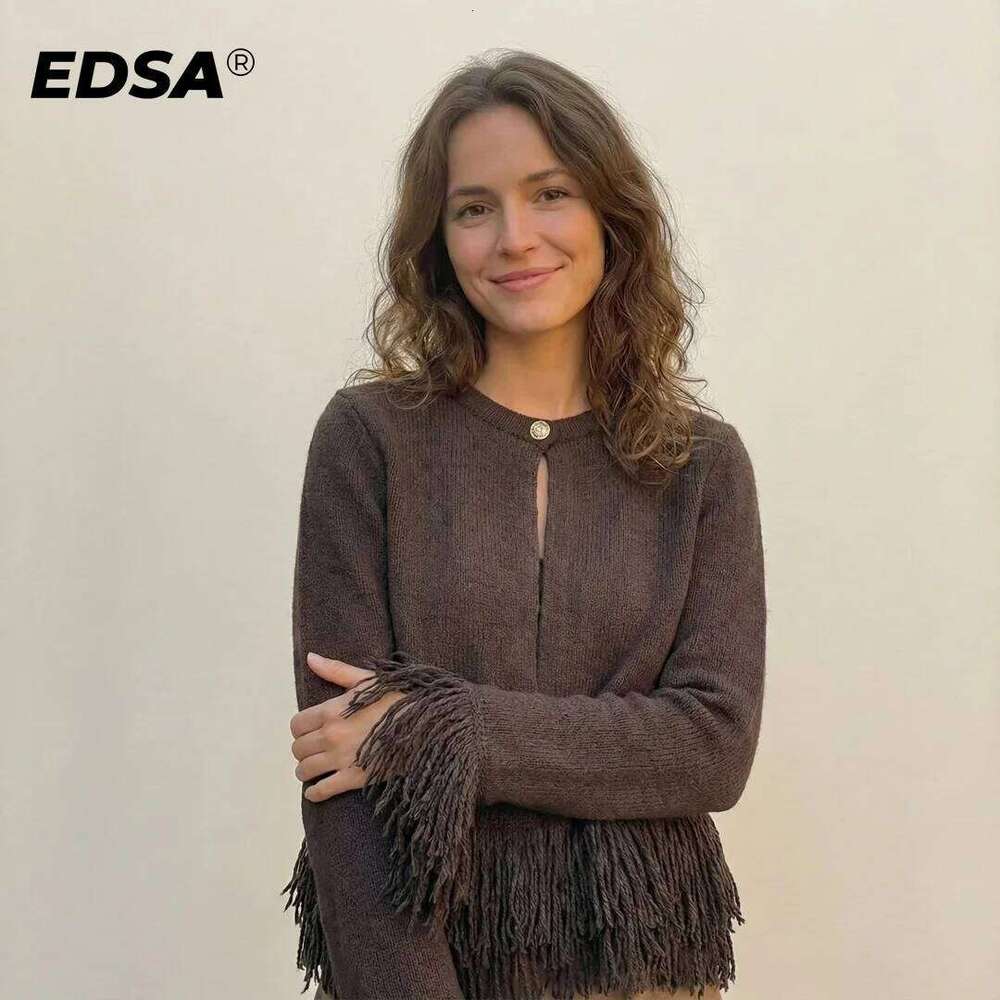 EDSA Women Fringed Knitted Cardigan with Single Button Long Sleeves Round Neck Open Stitch Sweater Tops Z260313
