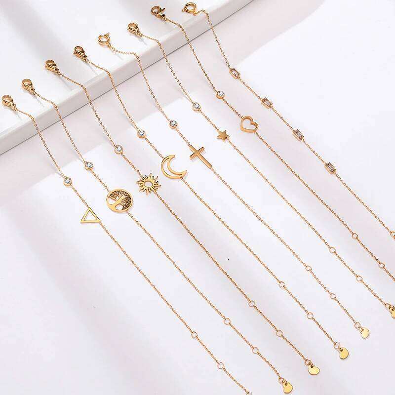 Minimalism Thin Chain Cross Crescent Moon Star Bracelet For Women Girls, Stainless Steel Female Adjustable Link Stacked Layered Z260313