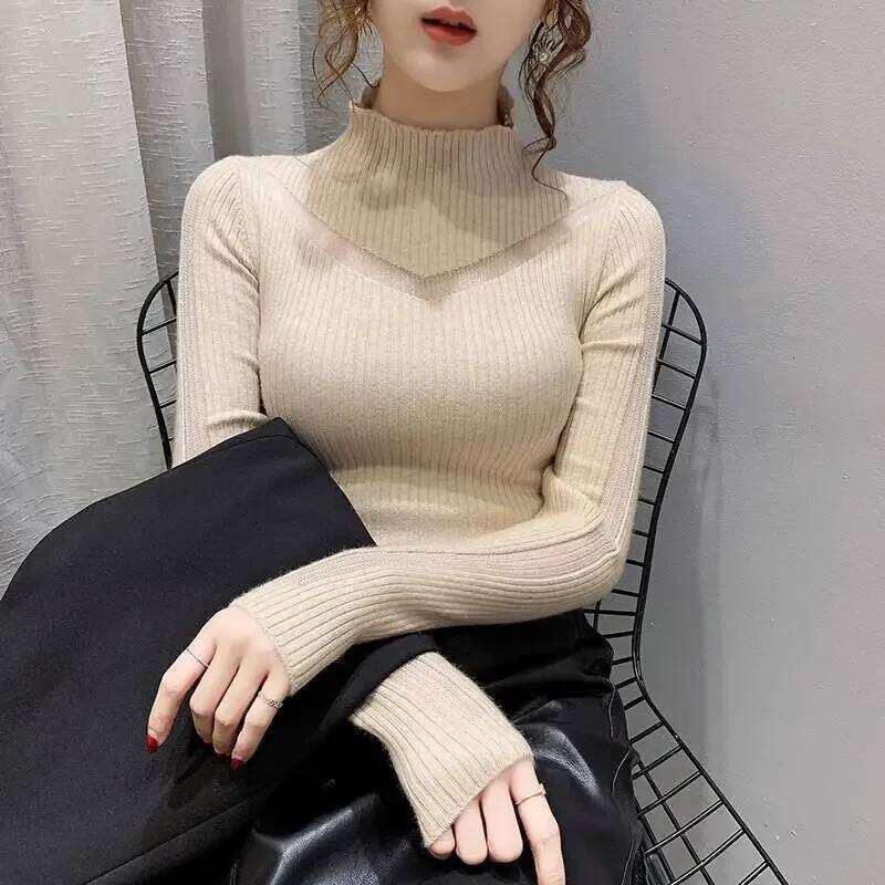 Turtleneck Pullover V Long-Sleeved Sweater Women's Fall Winter Inner Wear Top Z260313