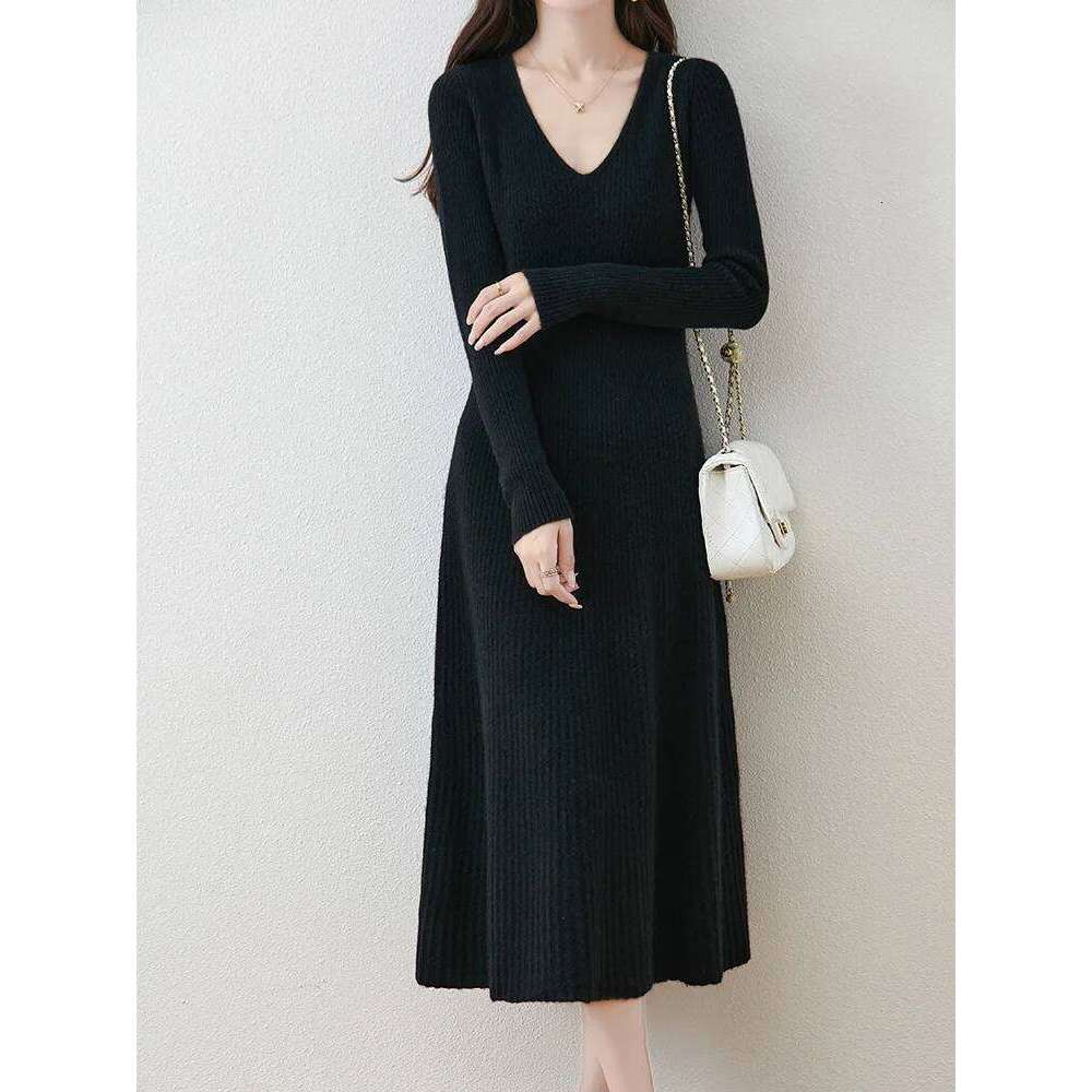 Mini Star Women Sweater Dress V-neck Pullover 100% Merino Wool Knitwear Autumn Winter Cashmere Soft Fit-Flare A-Line Skirts Z260314